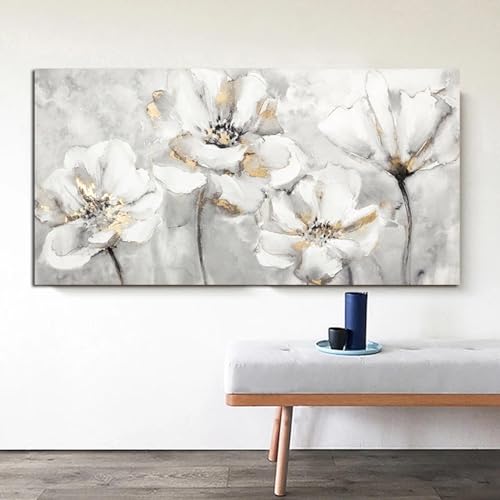 Peinture blanche et dorée sur toile avec cadre pour art mural