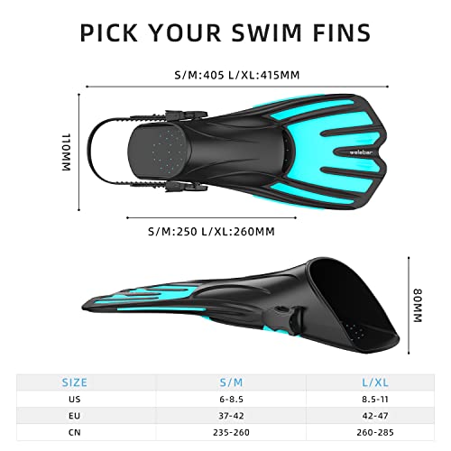 Welebar Swim Fins, Snorkel Fins with Adjustable Open Heel for Snorkeling, Diving, Swimming, Travel Size Snorkel Fins for Adult Men Women