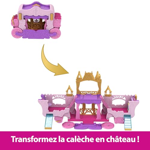 Mattel Princesses Disney Calèche et Château Coffret transformable avec mini-poupée Aurore, 3 niveaux, 6 espaces de jeu, 4 figurines, mobilier et accessoires HWX17