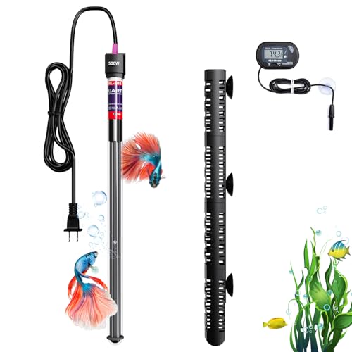 MQ Submersible Aquarium Heater Auto Thermostat, 500W Fish Tank Heater with LCD Digital Aquarium Thermometer, Shatter-Proof and Blast-Proof