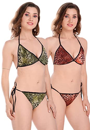 Image of Satin Animal Print Embellished Bikini Bra & Panty Lingerie Set for Women & Girls, Fits Well for Plus Size.