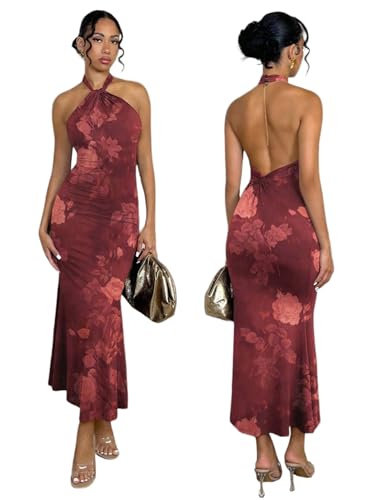 Image of SKAYS Women's Summer Dress Halter Bodycon Maxi Dress Backless Casual Party Dresses