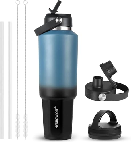 Image of HYDROWION 32 oz Insulated Water Bottle, Car Water Bottle Holder - Double Wall Vacuum Insulated Travel Bottle with Straw Lid, Spout Lid and Flex Cap - Cold for 24H, Hot for 12H, Blue - Black