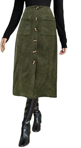 Fronage Womens Corduroy Skirt Fall Fashion Elastic High Waisted Midi Skirts Casual Business Work Office Winter Outfit Army-Green