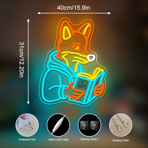 Image of Fox Reading Book Neon Sign Animal Books Neon Wall Decor Colorful Neon Lights for Library Bookshelves Classrooms Bedrooms Wall Art Decoration Classroom LED Light Sign Art Gifts for Book Lovers