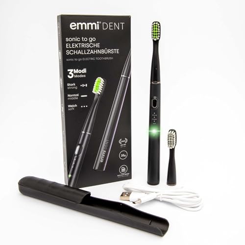 Emmi-dent Sonic to Go – bezprzewodowa soniczna szczoteczka do zębów, bateria do 25 dni, 3 tryby szczotkowania, 20 000 wibracji/min, z etui, pastą do zębów i 2 wymiennymi końcówkami.