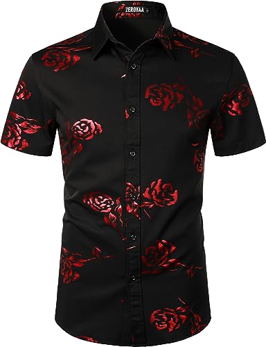 ZEROYAA Mens Hipster Gold Rose Printed Slim Fit Short Sleeve Button Down Dress Shirts