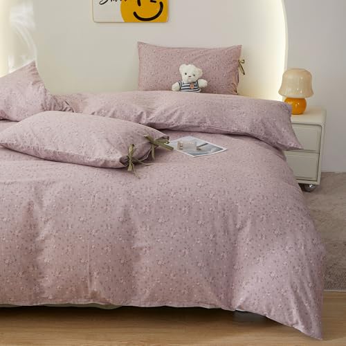 HighBuy Mauve Floral Duvet Cover Twin XL Size - Lightweight 100% Cotton Vintage Chic Flowers Comforter Cover with Zipper,3 Pieces Breathable Bedding Set with 2 Bow Ties Pillowcases