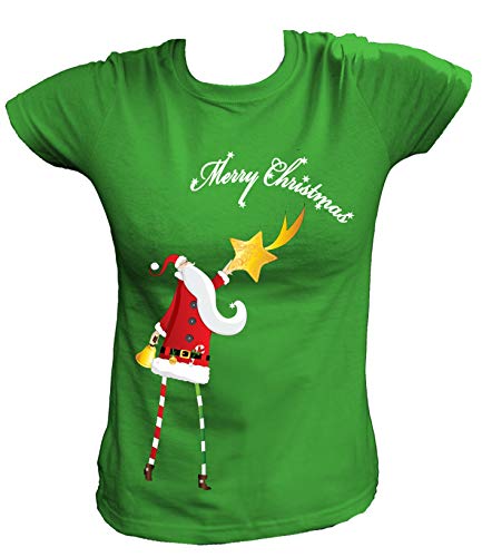 Artdiktat Damen T-Shirt Santa Claus mit Stern Digitaldruck Größe XS, grün
