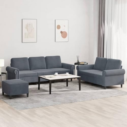 3 Piece Velvet Sofa Set with Pillows Dark Grey, Modern Living Room Furniture, Soft Fabric Couch with Ottoman, Comfortable Sectional for Small Spaces, Home Theater Seating
