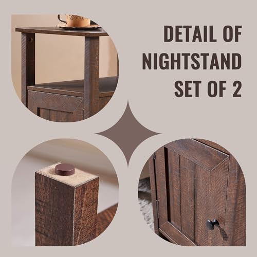 Image of IFBUY Farmhouse Nightstands Set of 2, Narrow Bedside Table with Charging Station, Night Stand Set 2 with Storage & Open Shelf, End Tables w /Groove Barn Door for Bedroom, Living Room-Brown