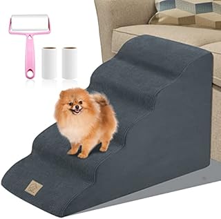 5-Step Dog Stairs, Extra Large Pet Steps for High Bed Pet Ramp Ladder with Washable Plush Cover & High Density Foam for Small Dogs and Cats, Send Sticky Lint Roller Set, Grey