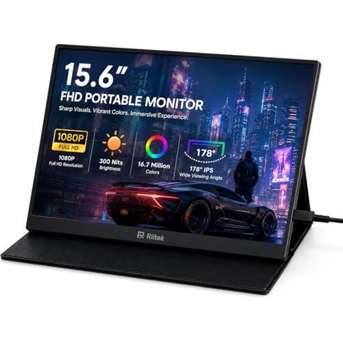 Image of Riitek15.6 Inch Portable Monitor Full HD 1920x1080 IPS Display USB-C & Mini HDMI External Travel Monitor with Dual Speakers Slim Lightweight Screen with Protective Case for Laptop & Phone