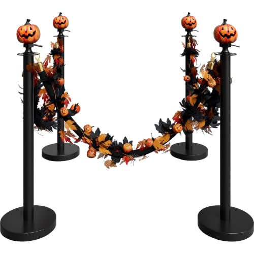 Image of 4 Pack Halloween Pumpkin Head Black Stanchions and Velvet Ropes Set, Stainless Steel Crowd Control Barriers, 3Pcs Black Ropes and Poles for Party,Photobooth Accessories, Prom, Halloween Decorations