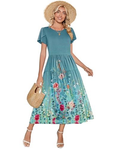 Image of Zeagoo Summer Dresses for Women 2026 Maxi Bohemian Floral Short Sleeve Long Dress Casual Flowy Tired Beach Sundress