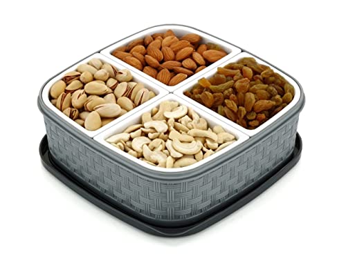 Image of Dry Fruit Storage Box with 4 Compartments | Airtight Multipurpose Snack Organizer | Plastic Dry Fruit Container with Lid | Kitchen Storage Box for Nuts, Spices, Snacks (18x18x6 cm)