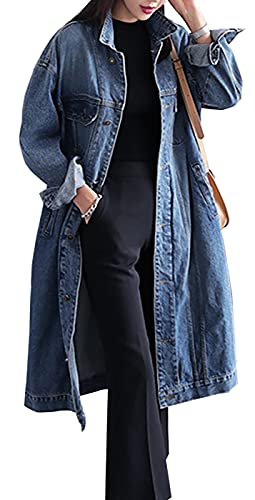 Jofemuho Womens Classic Long Jean Jacket Plus Size Loose Long Sleeve Button Down Denim Jacket Trench Coat Blue 2XL
