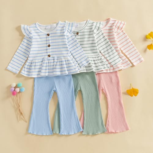 Mubineo Toddler Baby Girl Clothes Cute Ribbed Outfits Knit Long Sleeve Shirt Tops Bell Bottom Pant Fall Winter Outfit2