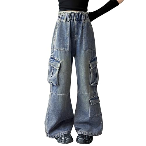 Image of Rolanko Girls Cargo Pants Baggy Y2K Cargo Trousers Jeans Wide Leg Pants with Multi Pockets 4-15 Years