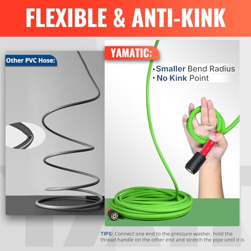 YAMATIC Pressure Washer Hose 50FT - 1/4 3200PSI - Super Flexible, Kink-Resistant, No Leak M22 Brass Thread for Electric & Gas Pressure Washers, Green