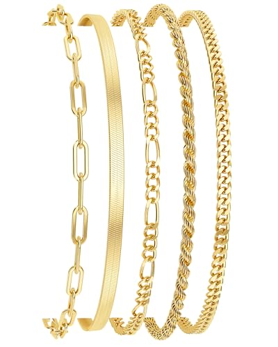 DEARMAY 14K Gold Plated Bracelets for Women Trendy Gold Jewelry Set for Women Cuban Link Chain Figaro Paperclip Rope Herringbone Bracelet Pack Gifts