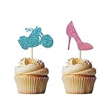 Morndew 24 PCS Glitter Wheels or Heels Cupcake Toppers for Gender Reveal Party Baby Shower Birthday Party Decorations - Boy or Girl - He or She