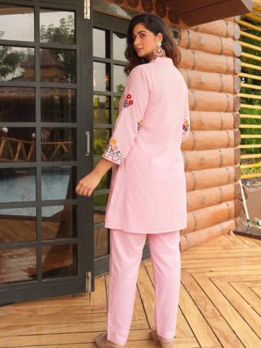 Image of ANNI Designer Women Kurta Set | Cotton Embroidered A-Line Kurta with Pant Co-ord Set | 3 /4 Sleeve Mandarin Collar Kurti Set for Women | Daily Office Party Wedding Ethnic Suit