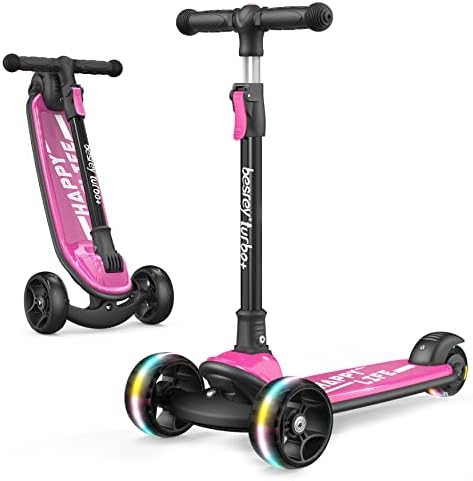 besrey Kinder-Scooter – Big Wheels Faltbarer Tretroller mit blinkenden LED-Lichtern für Jungen und Mädchen, 4 Stufen höhenverstellbarer Roller, breites Deck Scooter für Kinder im A