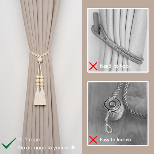 NICEEC 2 Pack Natural Cotton Rope Tassel Curtain Tiebacks Boho Style Decorative Drape Tie Backs Elegant Wooden Beads Curtain Holdbacks for Home & Office Window Drapery (Wooden Bead-B)