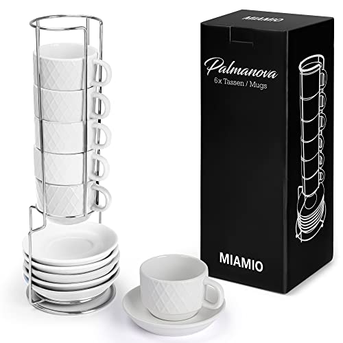 MIAMIO - 6 tazze da 75 ml/Set di tazze da caffè espresso in ceramica con motivo a diamante - Collezione Palmanova (Bianco)