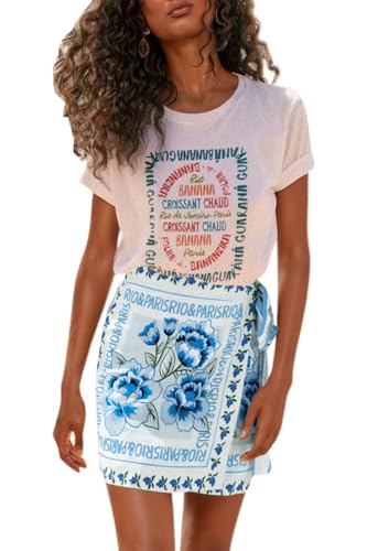 CHARTOU Women's Summer Floral Print Wrap Short Skirt, Light Blue, S