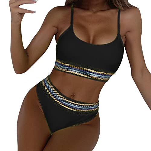 KBOPLEMQ Maillot de bain 2 pièces pour femme - Taille haute - Bikini de sport - Avec contraste push-up - Croix, Noir , L Cover