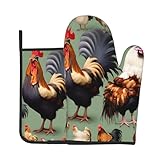 GGsdaf Rooster and Chicken Kitchen - Juego de 2 piezas antiquemaduras, guantes resistentes al calor y soportes para ollas para hornos/microondas/freidoras de aire
