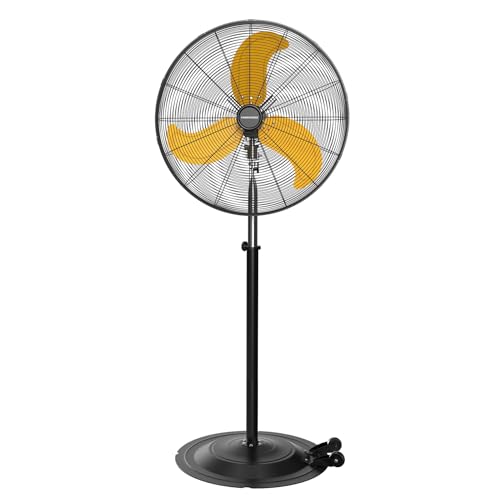Fanniverse 30-inch yellow industrial pedestal fan on rolling casters — shows the wide blade cage behind its 9500 CFM claim