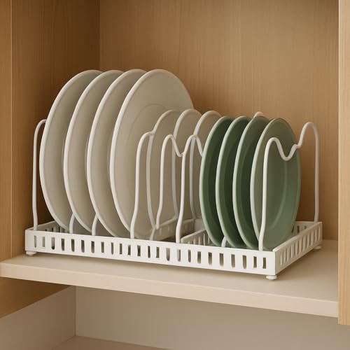 Eiqijci White Plate Stacker for Inside a Cabinet – Expandable 10-Slot Vertical Plate Organizer and Adjustable Dish Rack – Heavy-Duty Metal Cabinet Storage for Plates, Lids, and Cutting Boards