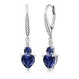 Gem Stone King Pendientes colgantes de gota de zafiro azul de imitación azul de 2,73 quilates y zafiro creado en laboratorio blanco para mujer, plata de ley 925, forma de corazón de 7 mm, redondos de