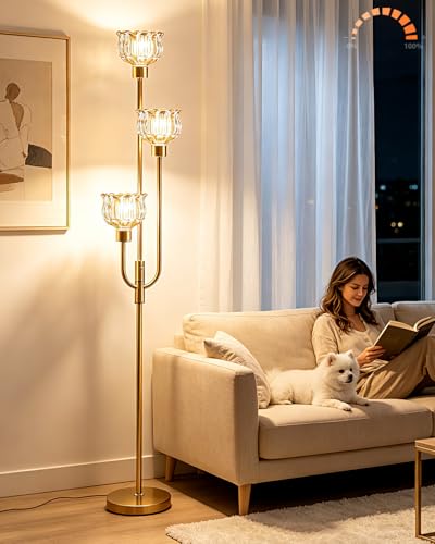 Image of Lightdot 3-Lights Modern Glass Floor Lamp 66IN Gold Dimmable Floor Lamps with 3000K Warm White Bulbs for Wedding Party Tall Standing Lamp with Amber Glass Shade for Living Room /Bedroom /Home Decor