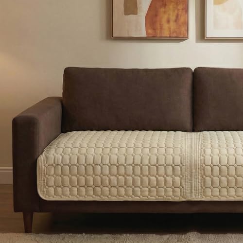 Image of Urban Space Velvet Embroidery Quilted Sofa Cover mat, Premium 1 Seater Non-Slip Sofa slipcover, Easy Care & Machine Washable, Seat Runner for Couch for Living Space (1 Seater - Box Grid - Beige)