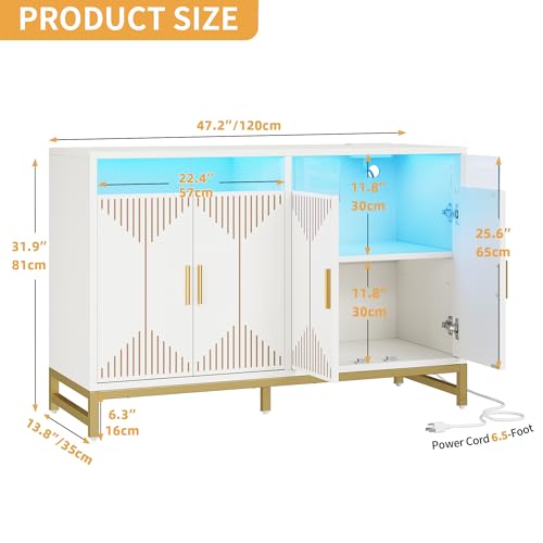 DWVO 47" Kitchen Storage Cabinet with LED Light & Power Outlet, Modern Sideboard Buffet Cabinet with Storage for Hallway, Kitchen or Living Room, White/Gold