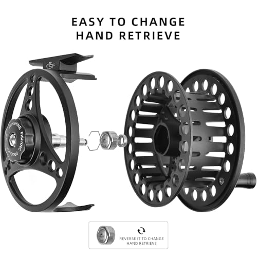SF Große Angelrolle zum Fliegenfischen – 3/4 W Aluminium-Legierung, Körper aus Druckguss, Mattschwarz, vorgeladene Spule mit Schnur-Kombination, Fluoreszierende gelbe Schnur