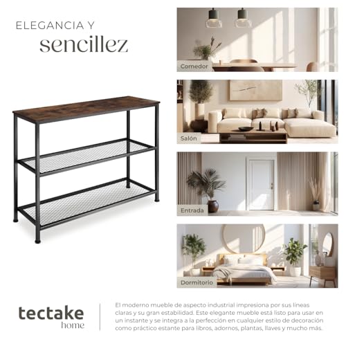 tectake® Mesa Consola Retro, con 2 Estantes de Eejilla, Mueble Auxiliar para Entrada, Mueble Recibidor, Mesa de Centro, Robusta y Estable - Madera Industrial Oscura, Rústica - imagen 7