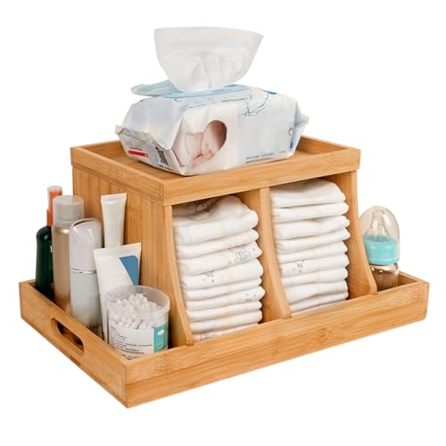 Image of Busidhji Bamboo Diaper Caddy Organizer, Changing Table Organizer, Diaper Organizer for Nursery, Baby Diaper Storage Organizer with Removable Dividers (Orange, Rectangular Size)
