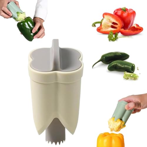 Évideur de Poivrons 2 en 1, Outil de Retrait de Graines de Poivrons, Épépineur de Poivrons, Outil de Découpe de Poivrons pour Légumes, Gadget de Cuisine (Beige)