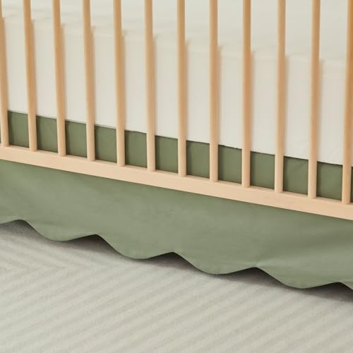 Image of Brandream Scallop Edge Cotton Crib Skirt Toddler Bedskirt Baby Nursery Crib Bed Skirt Boho Bohemian Neutral Solid Color Vintage Sage Green Farmhouse Chic Boho Bohemian Skirt
