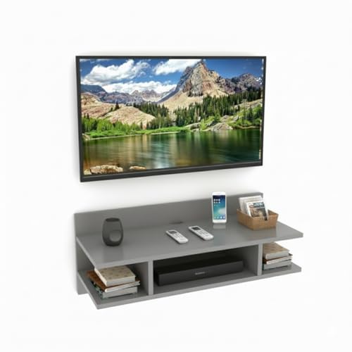Image of Engineered Wood Set Top Box Stand | Wall Mounted TV Unit Shelf for Router, WiFi, DVD, Gaming Console | Sturdy & Space Saving TV Accessory Organizer (Brown, 50 x 20 x 15 cm) (Grey)