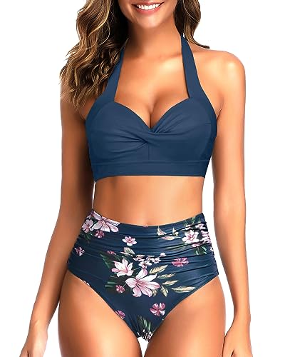 Image of Tempt Me Women Two Piece Swimsuit High Waisted Bikini Halter Vintage Retro Bathing Suit Push up Swimwear