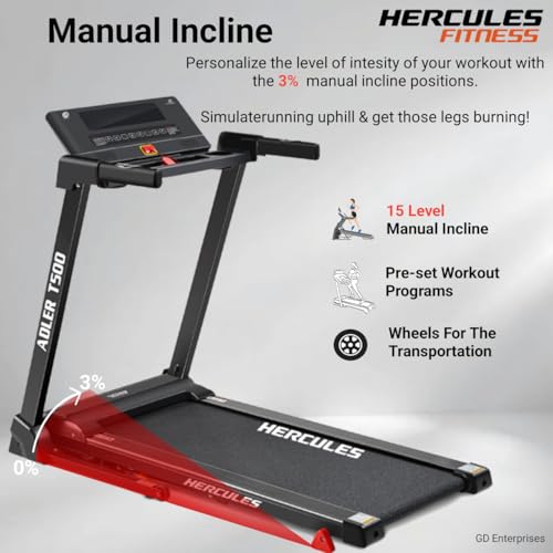 Image of Hercules T500 2.5HP DC Motor Treadmill with 14km /hr Speed, 100kg Max User Weight, 3-Level Manual Incline, Free Installation Assistance