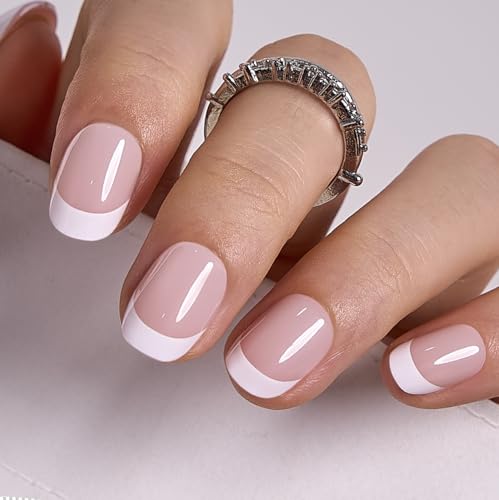 Image of CurvLife Oval French Tip Press On Nails Extra Short - 32Pcs 16Size Soft Gel Fake Nails, Reusable Glue On Nail Kit with Adhesive Tabs, Natural Fit & Salon-Quality for Women & Girls (Classic Touch)