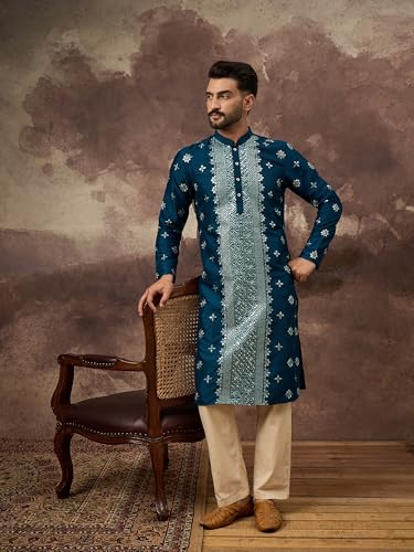 Image of Men's Solid Calf Length Silk Blend Embroidered Kurtas | Men | Kurtas for Mens | Straight Fit Kurta for Men's