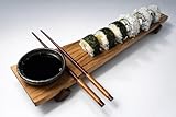 Genérico Set Sushi Premium (2 Tablas) de Madera Maciza FSC + 2 Cuencos Cerámicos + 4 Palillos | Aceite natural mate | Roble/Nogal/Iroko – Hecho a Mano (Madera Roble Americano)